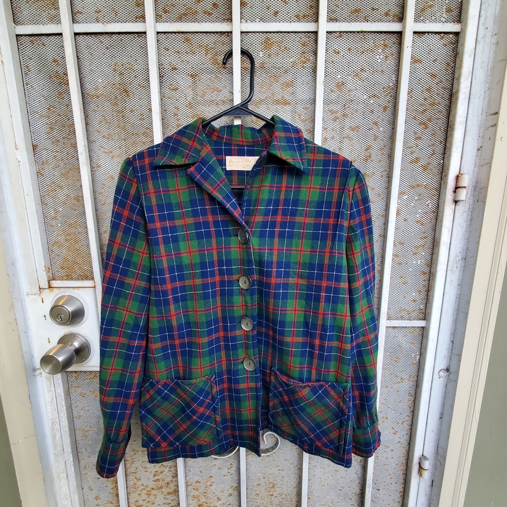 Vintage 1950s Pendleton 49er Style Plaid 100% Wool Button Down Jacket size 10
